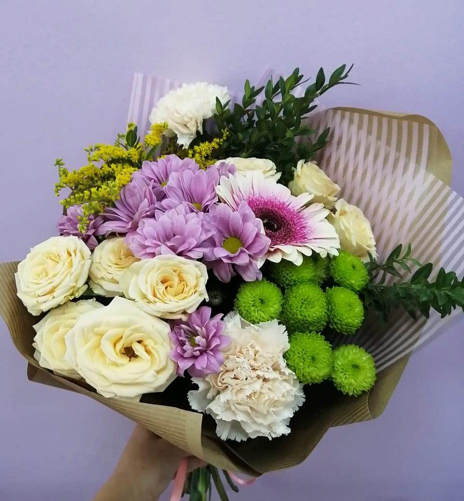 Букет цветов из: Хризантемы, Розы, Гвоздики и Герберы в Шатуре