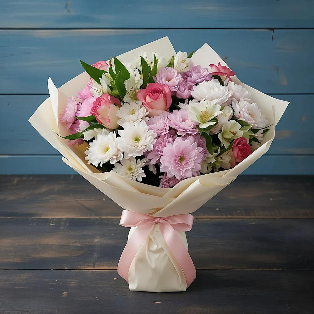 Букет цветов из: Хризантемы, Альстромерии и Розы в Шатуре